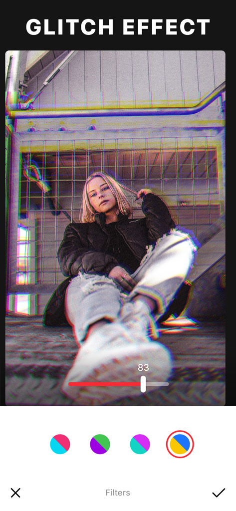 RetroCam: Vintage Film Camera - A mobile app screenshot of RetroCam showing a glitch effect applied to a portrait of a woman.