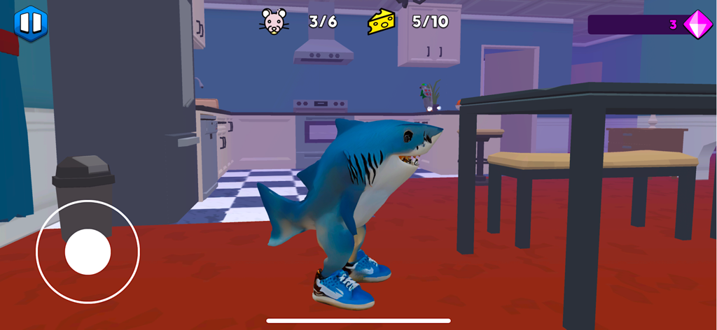 Rat Dance: Escape from Memes - Un personaje de tiburón azul con zapatillas de deporte parado en una cocina del juego Rat Dance Escape from Memes.