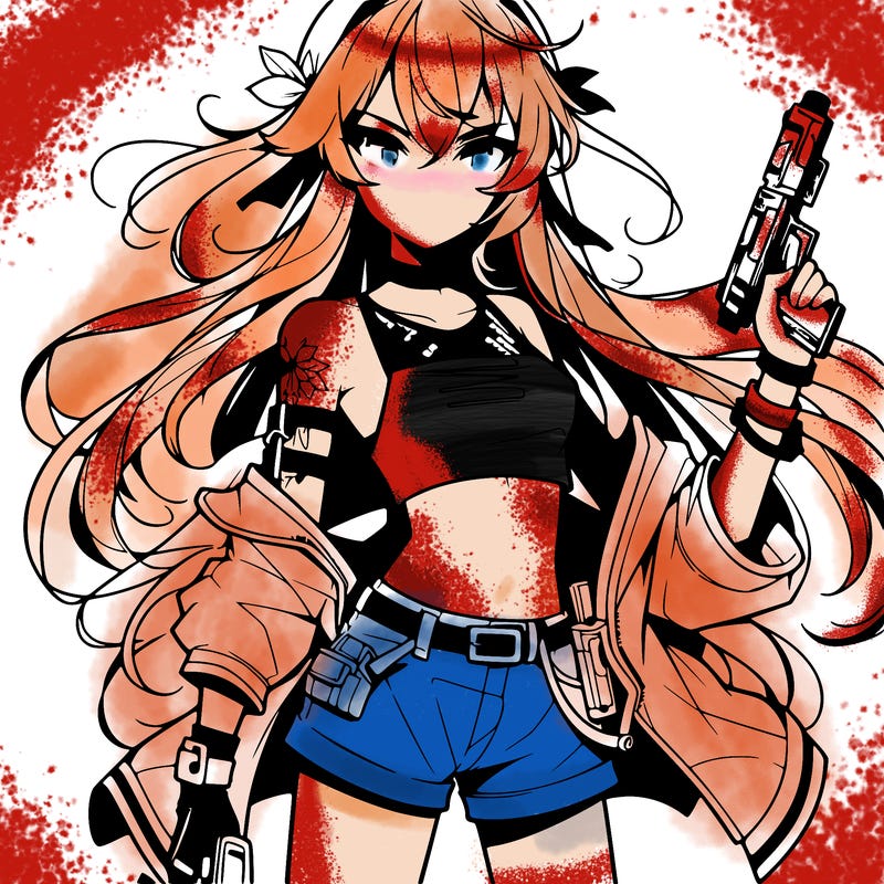 bad girl wearing crop top holding a gun long hair anime