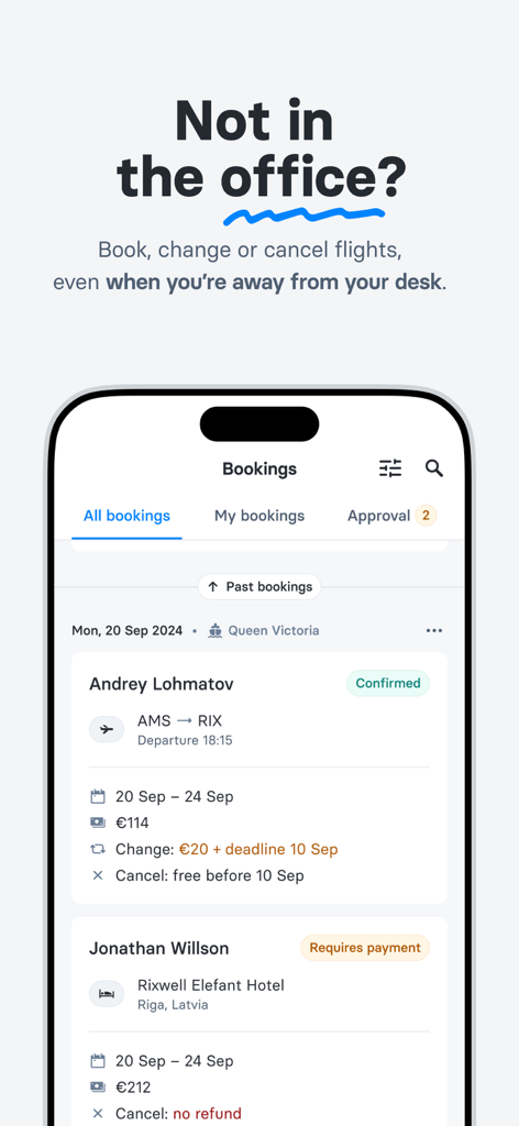 C Teleport - C Teleport app interface displaying flight and hotel booking management for business travelers.