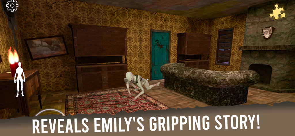 The curse of Emily:Horror Game - A pale creature crawls across the floor in a spooky cabin room within The Curse of Emily horror game.
