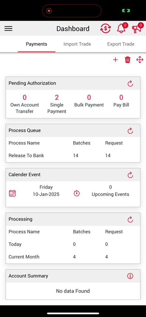 保留中の承認と処理状況を表示するDFCC iConnectアプリのダッシュボード