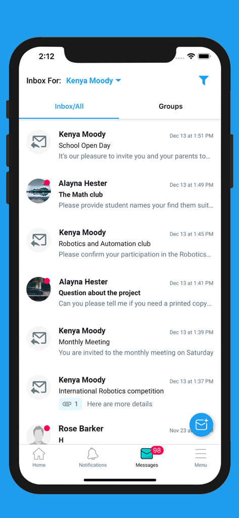 eSchool Connect - A mobile interface of the eSchool Connect app displaying a message inbox with school club invitations and teacher communications.