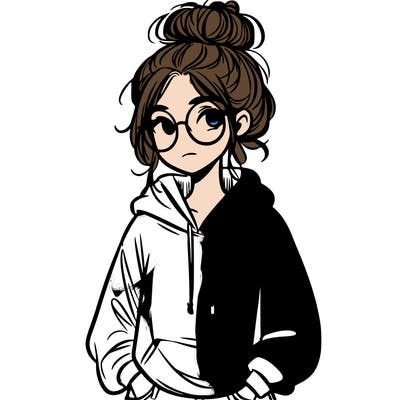 teen girl with a messy bun and glasses wearing a loose hoodie and jeans