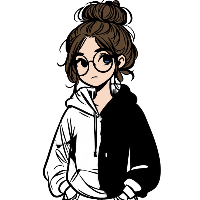 teen girl with a messy bun and glasses wearing a loose hoodie and jeans