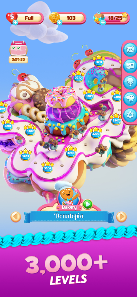A colorful game map in Cookie Jam Blast featuring the Donutopia world and over 3000 levels.