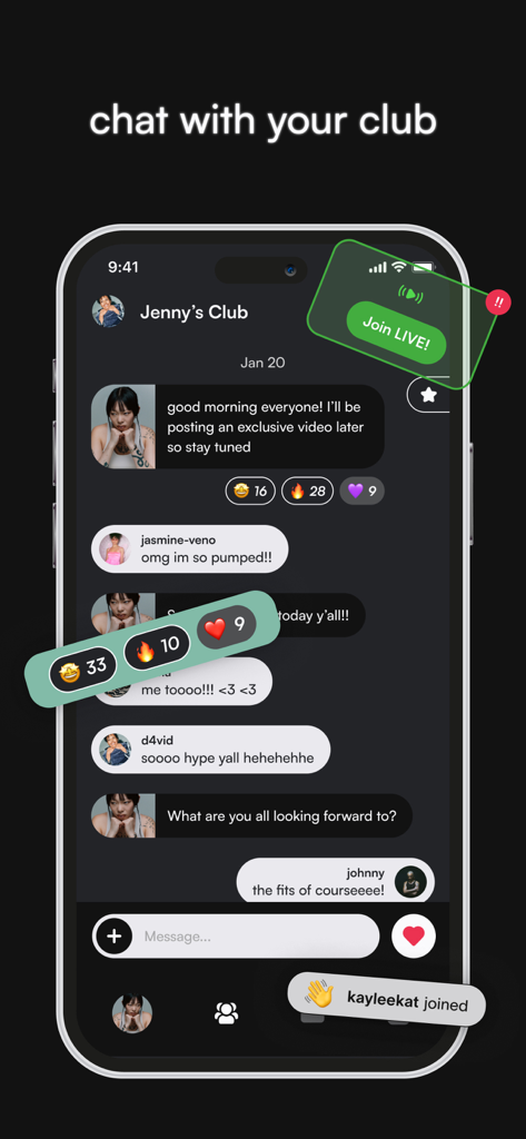 Ultraviolet Chat - Mobile interface of Ultraviolet Chat showing a group conversation with reactions and a live session button.