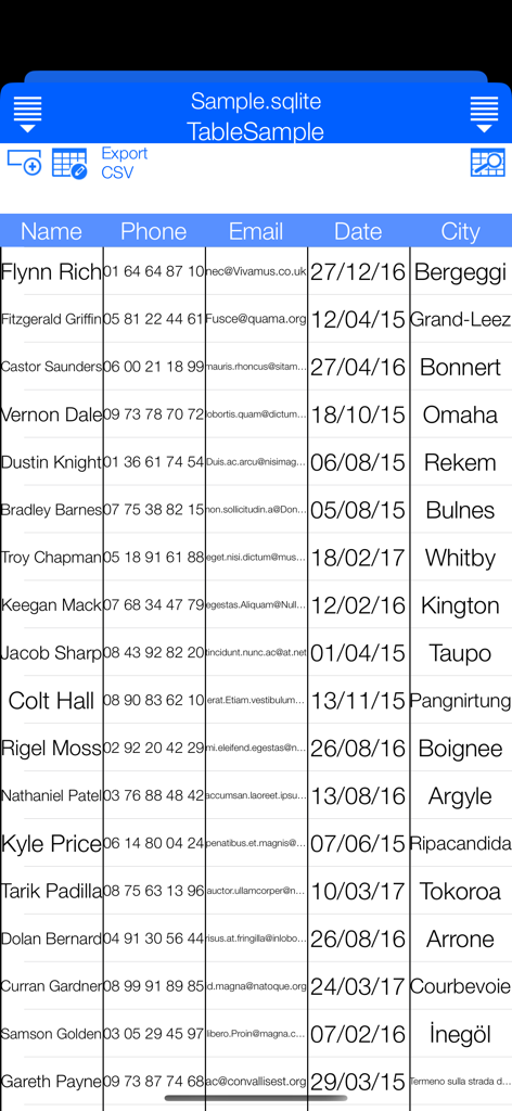 Ultimate Database - Mobile interface showing a sample SQLite database table with columns for name phone email date and city