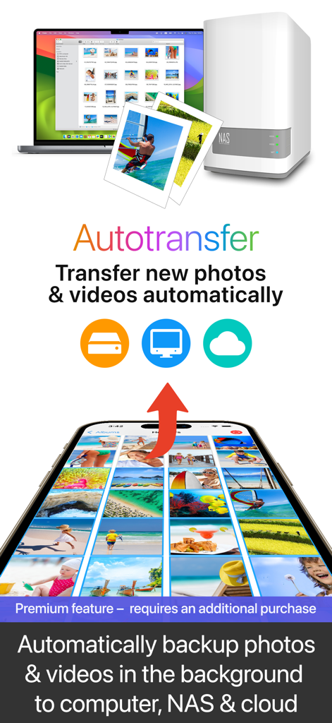 Automatic background photo and video backup from smartphone to computer NAS and cloud