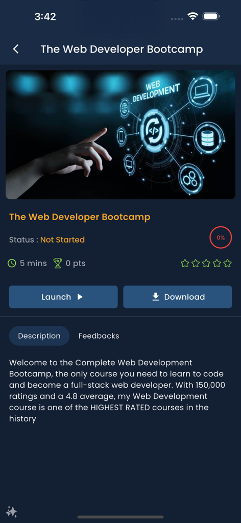 Interface of the KREDO app showing the details for a web development microlearning course including launch and download buttons