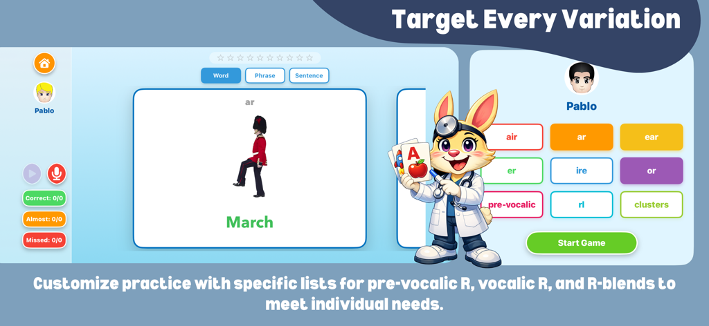 R Intensive Pro interface showing target variations for speech therapy including vocalic R and R-blends