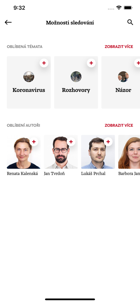 Deník N - Deník N mobile app screen for following favorite news topics and authors.