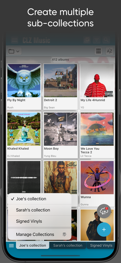 CLZ Music CD / Vinyl database - CLZ Music app interface showing a grid of album covers and a menu for managing multiple sub-collections like Signed Vinyls.