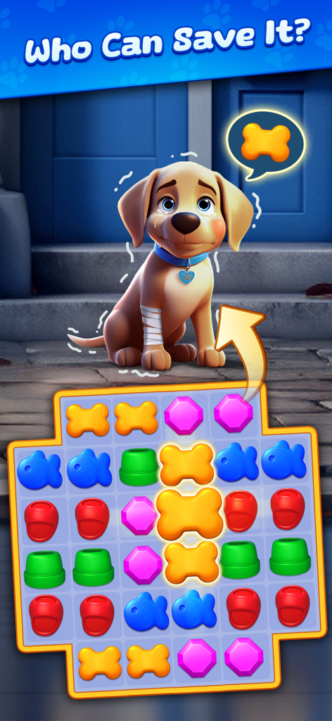 Sweetie Legends - Sweetie Legends game screenshot showing a match 3 puzzle board and a sad puppy needing rescue