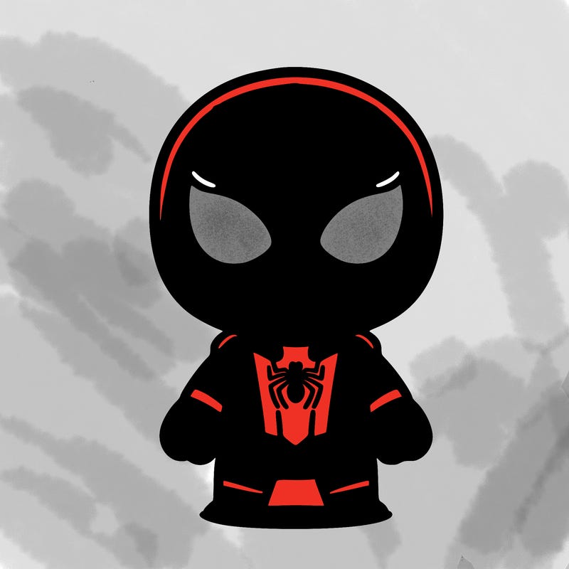 red and blue costume with spider in middle with webs on shirt and mask with webs