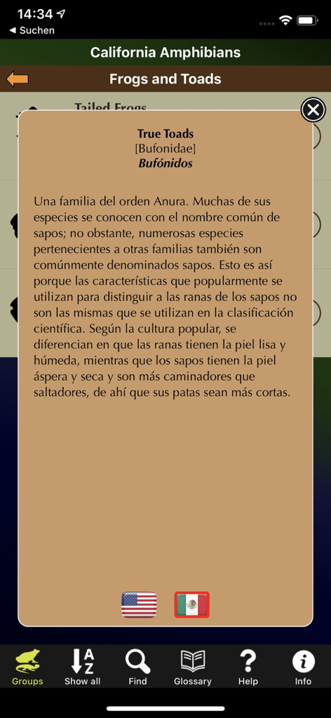 California Amphibians - Educational screen showing toad facts in Spanish on the California Amphibians mobile app