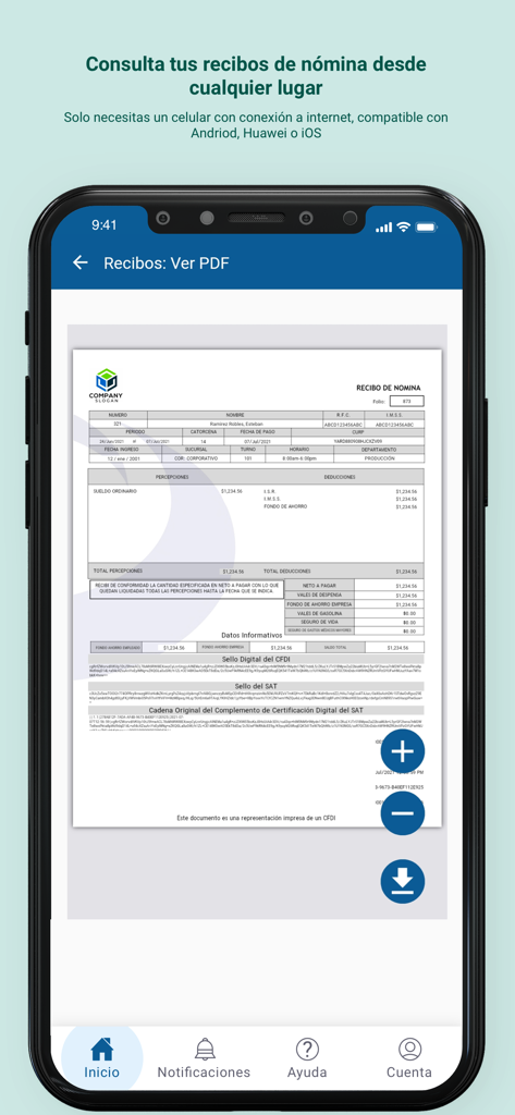 Captura de pantalla de la aplicación +ORDEN que muestra un recibo de nómina digital para empleados.