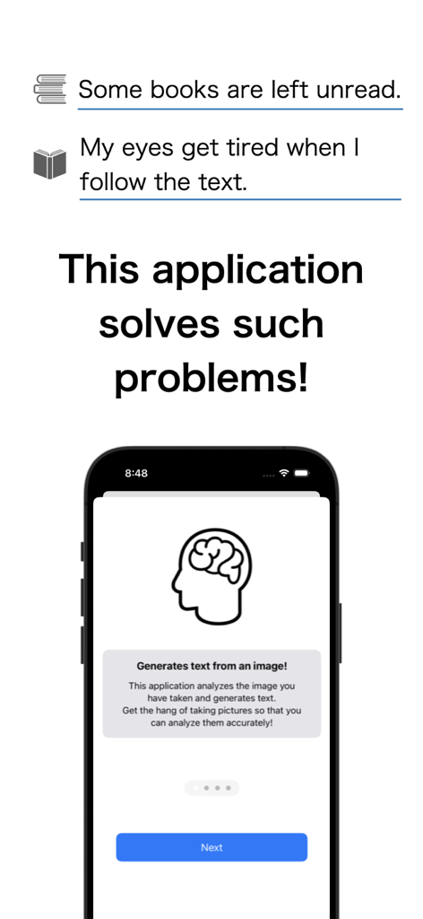 Speed Reading Books App - Uma tela de aplicativo móvel descrevendo como ele resolve problemas de livros não lidos e cansaço visual usando geração de texto a partir de imagens.