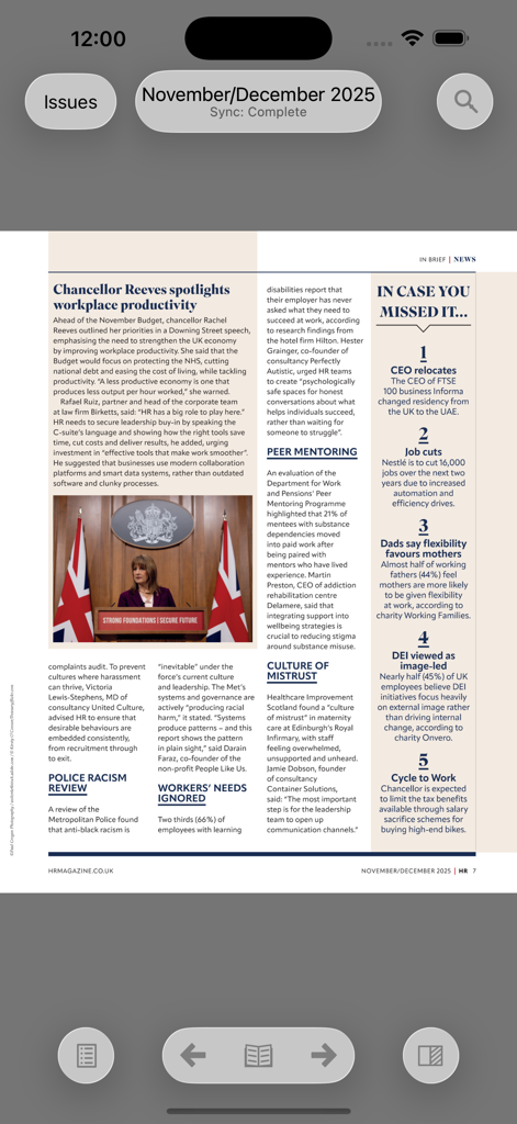 HR Magazine digital edition app interface showing an article about workplace productivity and HR news