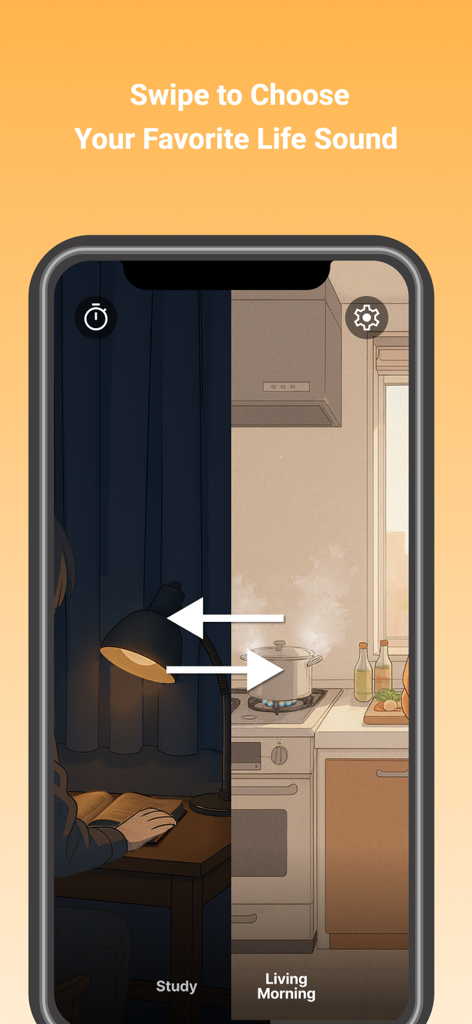 DailyVoice(BGM for Sleep) - A mobile app interface titled Swipe to Choose Your Favorite Life Sound showing study and kitchen background noise options