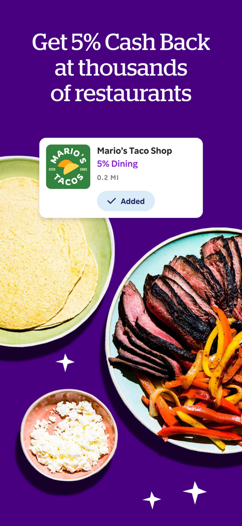 Rakuten: Cash Back & Deals - Rakuten-App-Screenshot, der 5 % Cash Back bei Restaurants bewirbt und Mario's Taco Shop sowie Teller mit Essen zeigt.