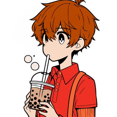 manga character boy drinking boba tea