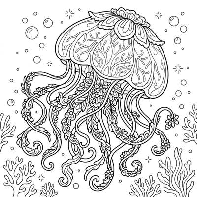 Unleash your child's creativity with this enchanting Flower Hat Jellyfish coloring page, specially designed for kids. Discover the wonders of the deep sea and bring this magnificent creature to life with vibrant colors.