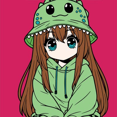 girl with anime shaped eyes with a dinosaur bucket hat oversized sweatshirt long straight hair