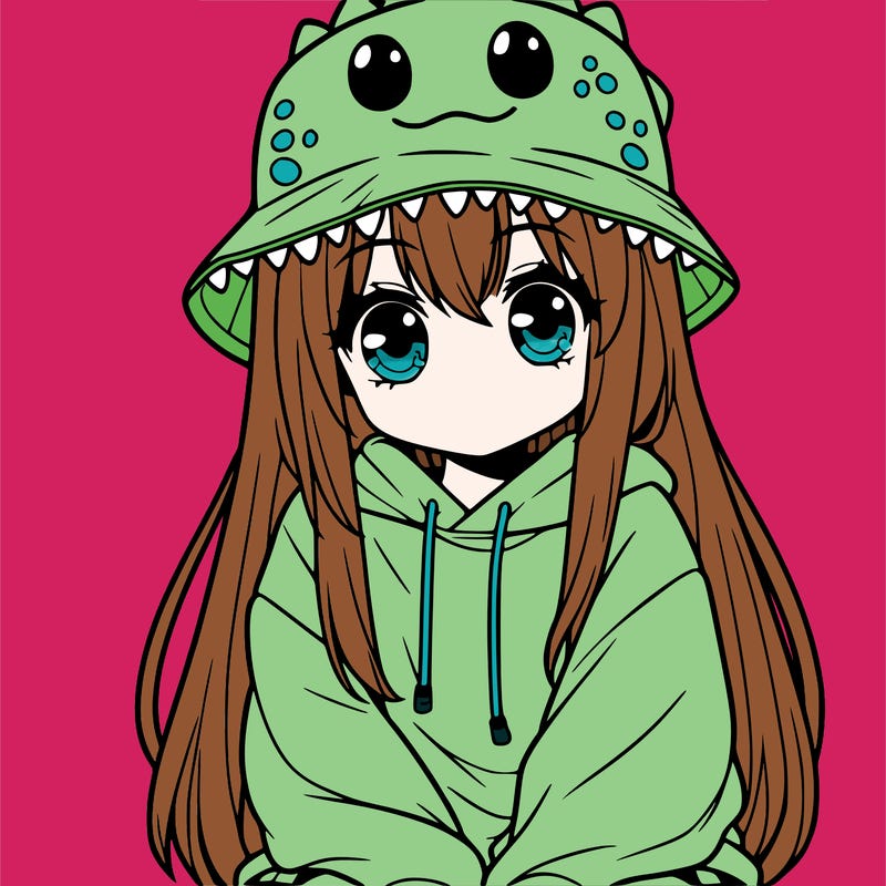 girl with anime shaped eyes with a dinosaur bucket hat oversized sweatshirt long straight hair