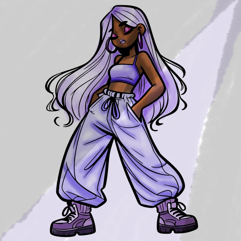 girl in baggy pants crop top and long hair