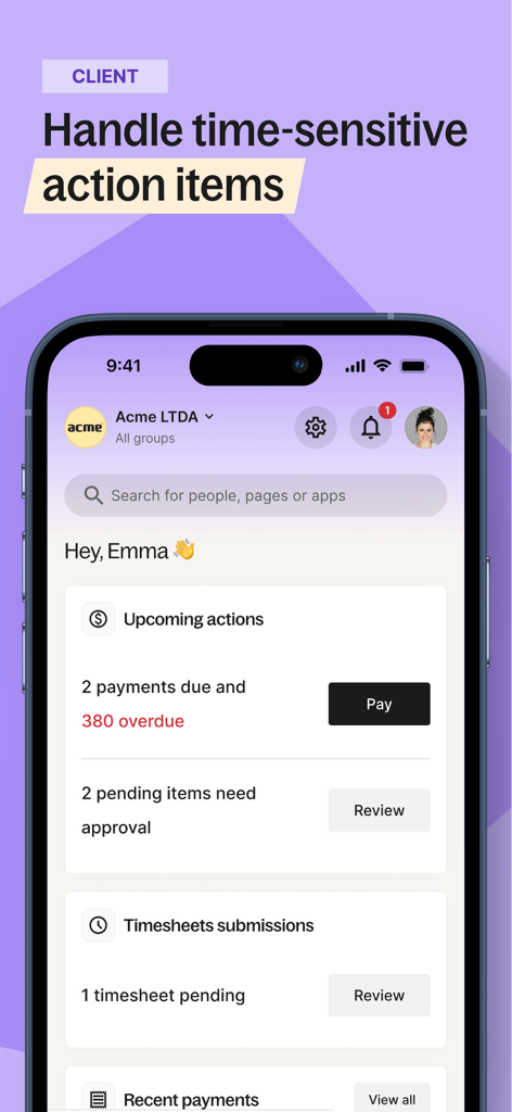 Deel app interface for clients showing upcoming payroll actions and timesheet approvals