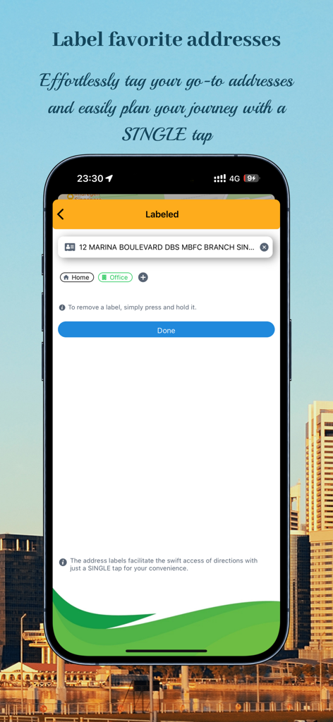 La función de direcciones etiquetadas en la aplicación Transport SG para guardar ubicaciones favoritas como el hogar y la oficina
