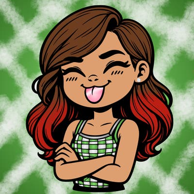 realistic girl crossing her arms and wearing a tank top with her tongue held out she has long hair