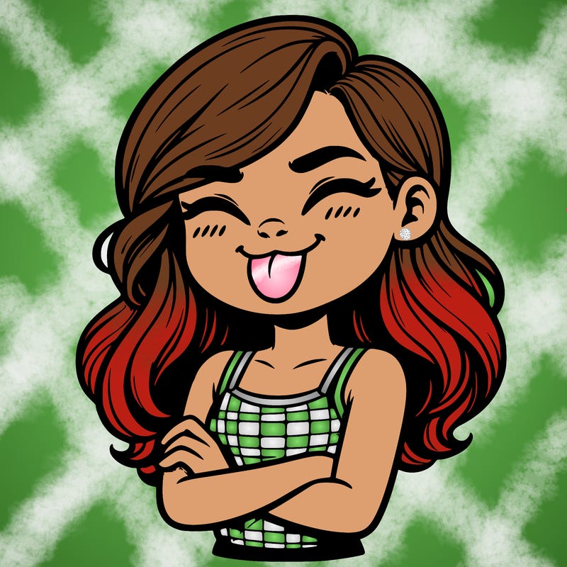 realistic girl crossing her arms and wearing a tank top with her tongue held out she has long hair