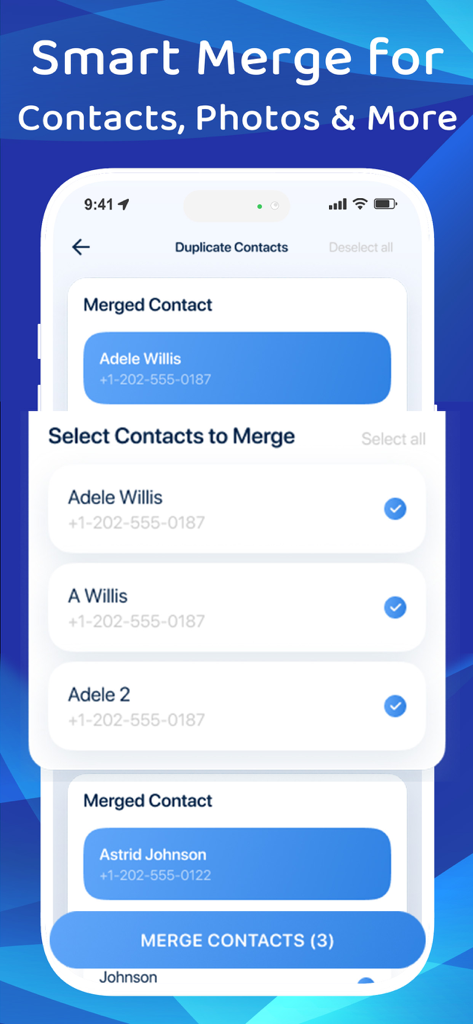 Interface of Boost Cleaner app showing the smart merge feature for duplicate phone contacts