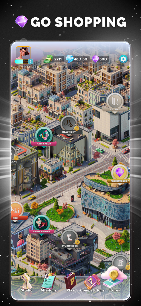 Fashion League: Runway Battles - Una vista isometrica di una mappa della città con boutique e negozi di moda in Fashion League Runway Battles.