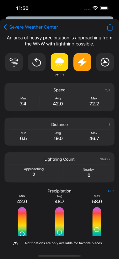 Weather Gods - Interface of the Weather Gods app showing the Severe Weather Center with storm speed, distance, lightning counts, and precipitation levels.