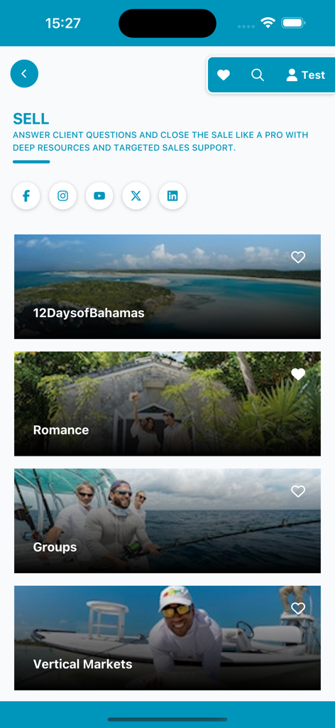 Sales resources screen in the Bahamas Specialist app showing category cards for travel advisors