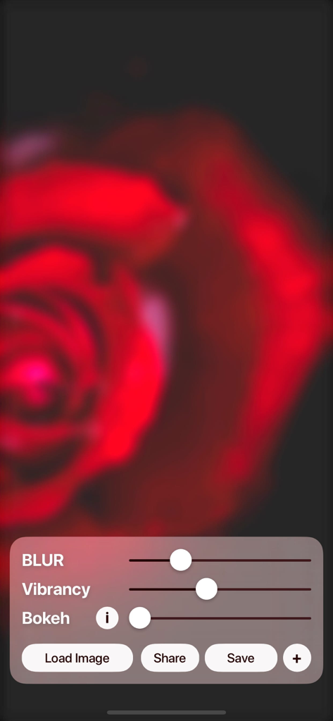 BlurMe - Blur wallpapers - User interface of the BlurMe app featuring a blurred red flower background and editing sliders for blur vibrancy and bokeh effects