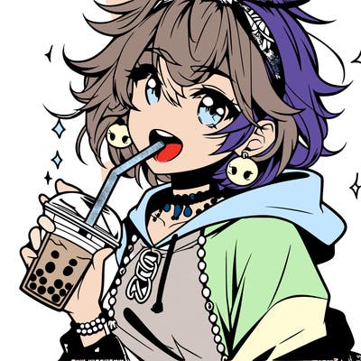 hot baddie anime girl drinking boba and biting the straw