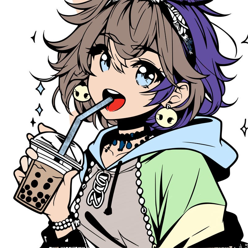hot baddie anime girl drinking boba and biting the straw