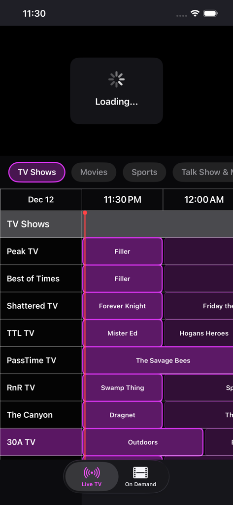 Airy TV & Live Movie Streaming - A screen from the Airy TV app displaying a live television program guide with a list of channels and their schedules