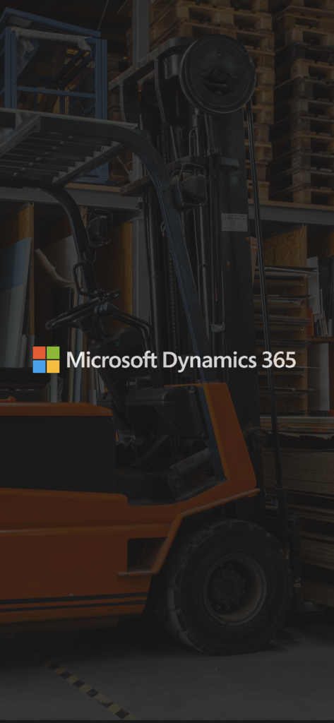 Microsoft Warehouse Management - Pantalla de inicio de la aplicación Microsoft Dynamics 365 Warehouse Management con un montacargas en un centro de distribución