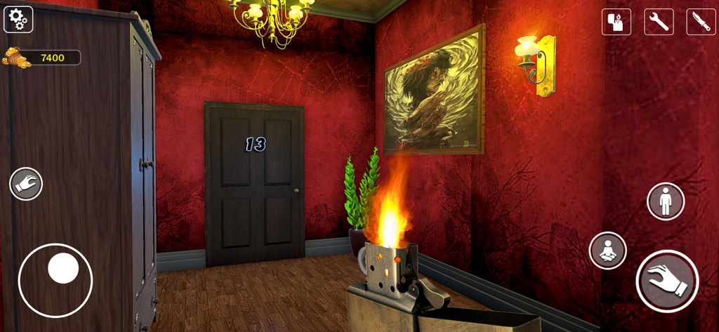 Scary 100 Doors Escape Game - First-person gameplay of Scary 100 Doors Escape Game showing a red room with door number 13 and a lighter being used