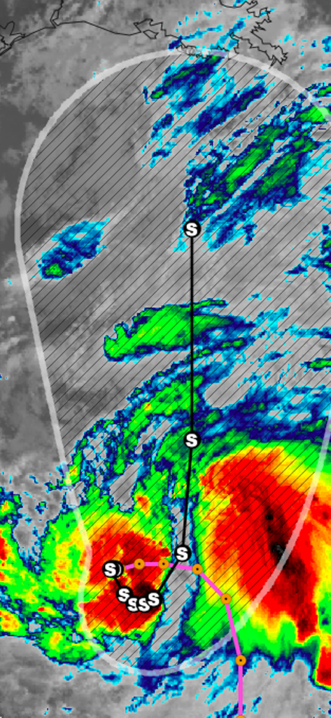 Hurricane Tracker Pro - An interactive weather map in the Hurricane Tracker Pro app showing a tropical storm track and radar intensity data.