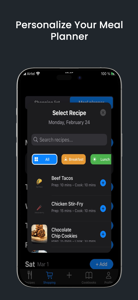 Recipe Book : Plan & Organize - Una interfaz móvil de la aplicación Recipe Book mostrando una pantalla de selección de recetas para un planificador de comidas personalizado
