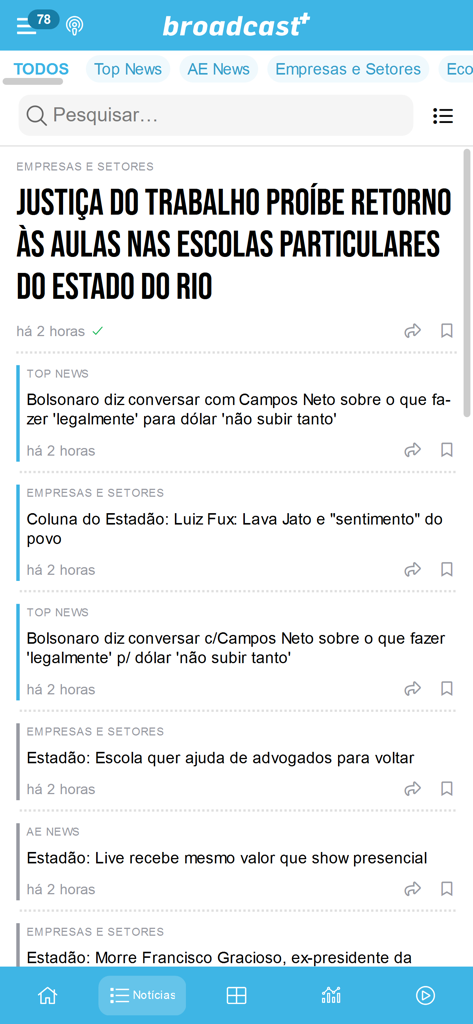 Broadcast+ - App mobile Broadcast plus che mostra un feed di notizie in tempo reale con titoli finanziari e di business in portoghese