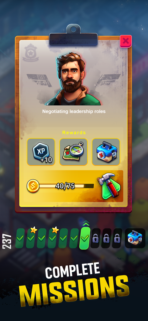 In game screenshot of Merge 2 Survive showing a mission card with character rewards and progress bar