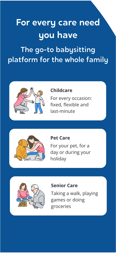 Charly Cares | Babysitting App - Charly Caresアプリの画面。家族向けの育児、ペットケア、高齢者ケアのオプションを表示しています。