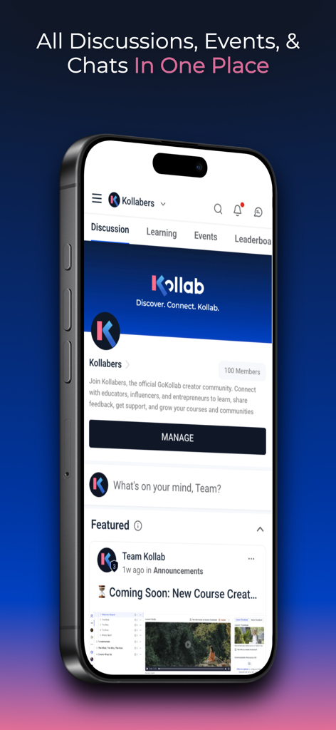 GoKollab - GoKollab mobile app dashboard showing community discussions events and chats in one place